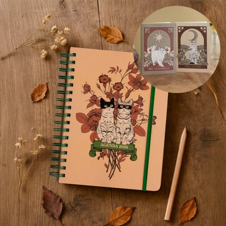 Pack Agenda anual semanal 2026 + Pack 2 cuadernos cosidos "Tarot gatos" Laura Agustí
