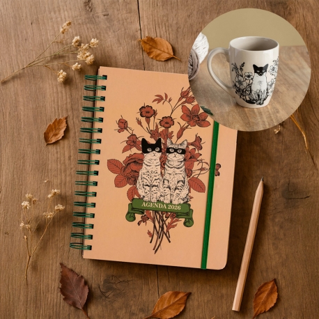 Pack Agenda anual semanal 2026+ Taza extra grande "Tres gatos" Laura Agustí